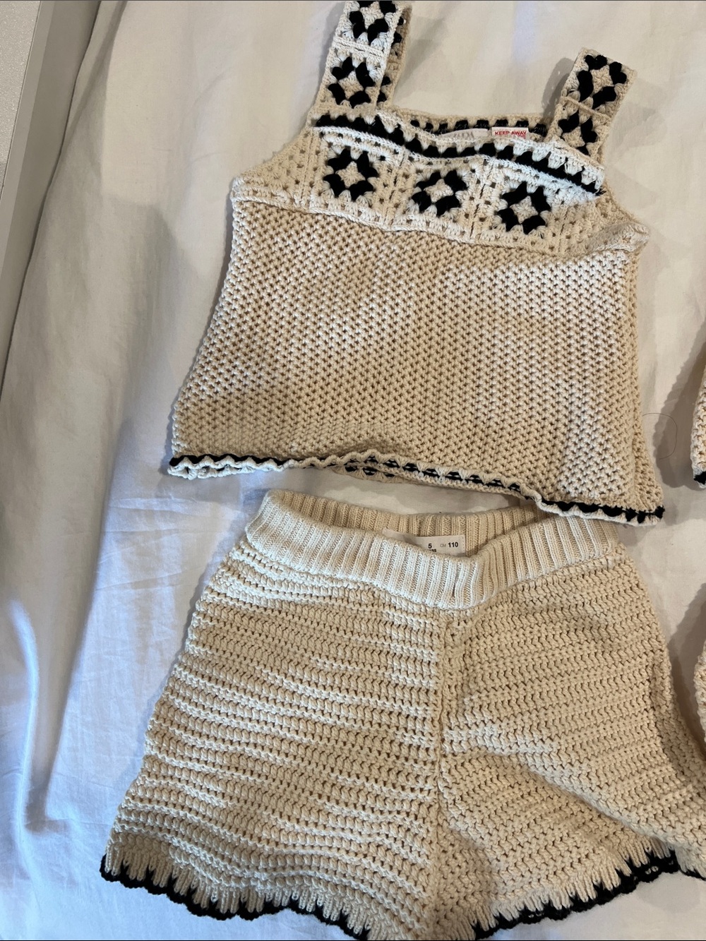 Zara Cream Crochet Tank and Shorts Set with Black Detailing